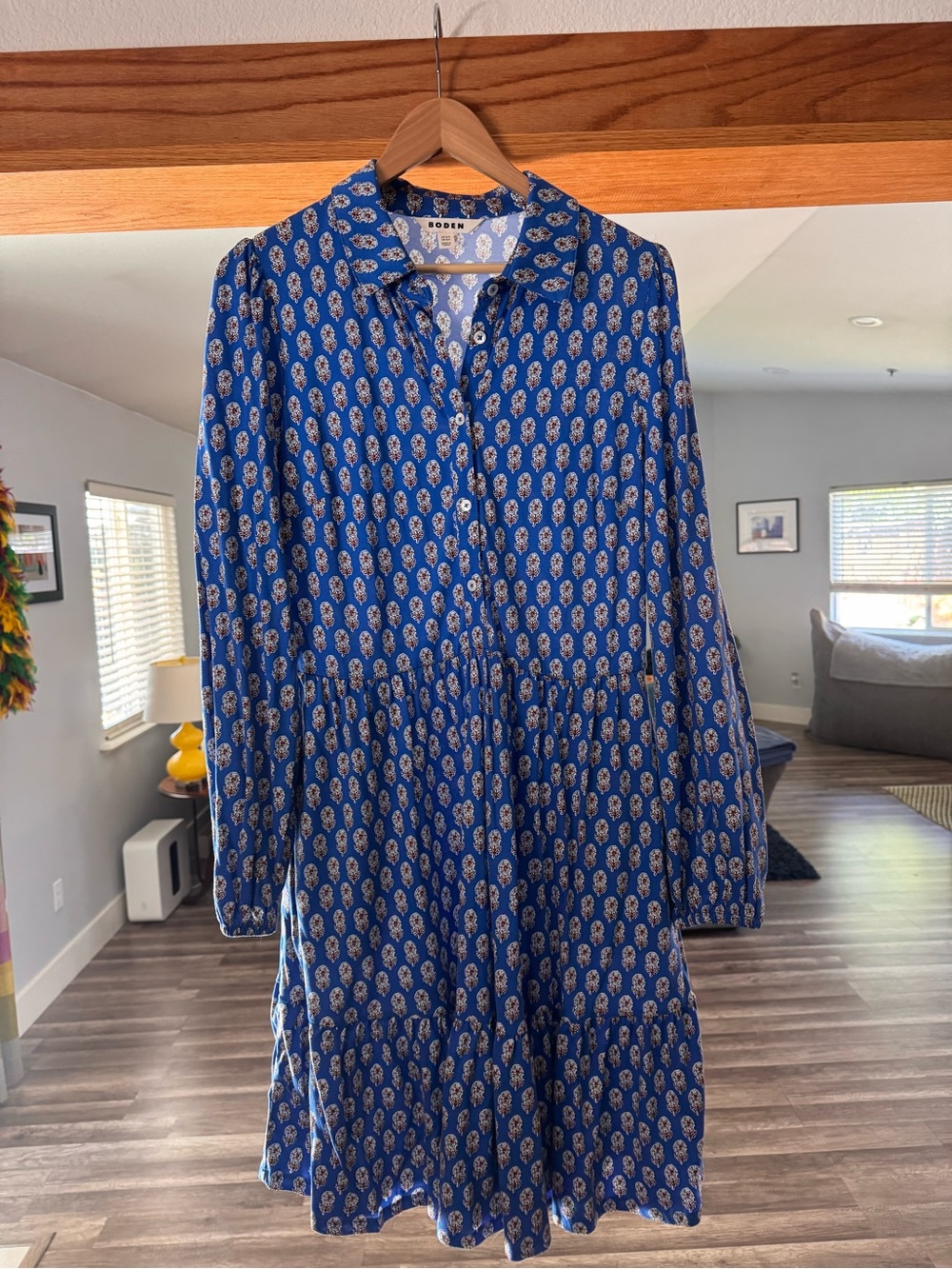 Boden Royal Blue Printed Long-Sleeve Tiered Shirt Dress